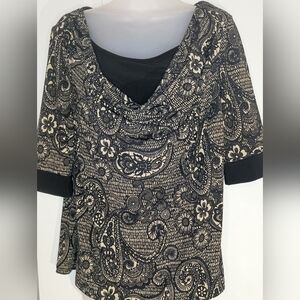 Midnight Elegance:Black & beige Floral Paisley JTB Burnout Flocked Top-(#1,203)
